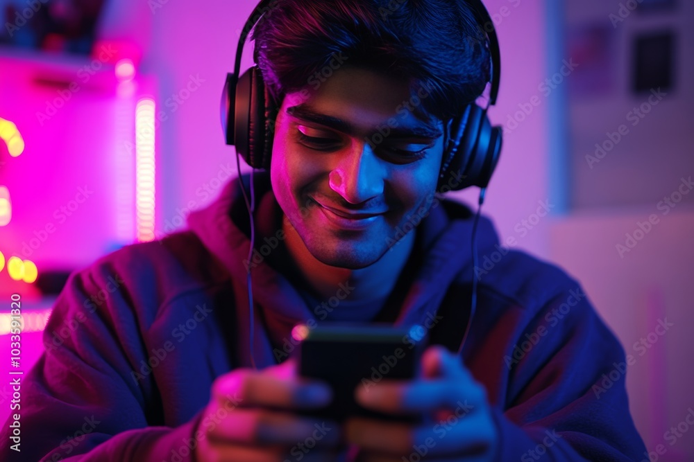 Happy young Indian man gaming on smartphone with headphones