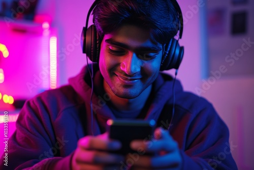 Obraz na płótnie Happy young Indian man gaming on smartphone with headphones w salonie