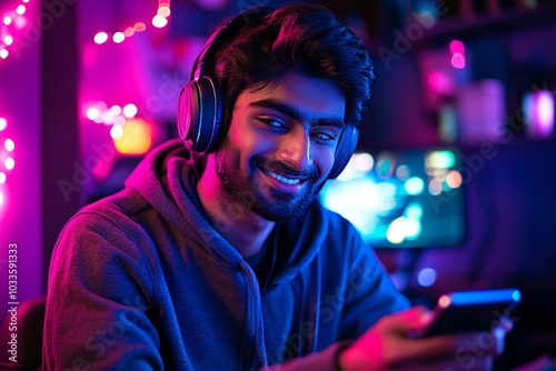 Obraz na płótnie Smiling young Indian man playing on smartphone with headphones w salonie