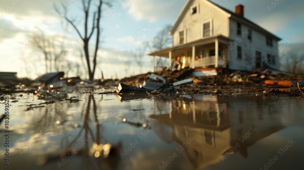 Rustic flooded landscape with damaged house and debris for environmental awareness Rustic flooded landscape with damaged house and debris for environmental awareness