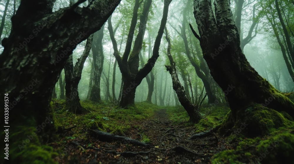 Mysterious foggy forest in spring for nature and adventure themes Mysterious foggy forest in spring for nature and adventure themes
