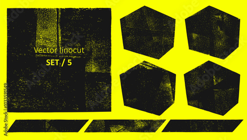 Linocut geometric figures relief printing set. Square, six-cornered polygon hexagones, stripes rough textured shapes collection. Text frames, hand drawn backgrounds. Lino ink grungy graphic elements.