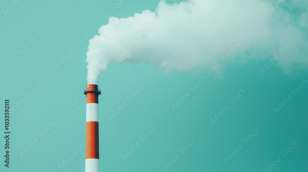 A smokestack emits white smoke against a turquoise background, illustrating industrial activity and environmental issues. A smokestack emits white smoke against a turquoise background, illustrating industrial activity and environmental issues.