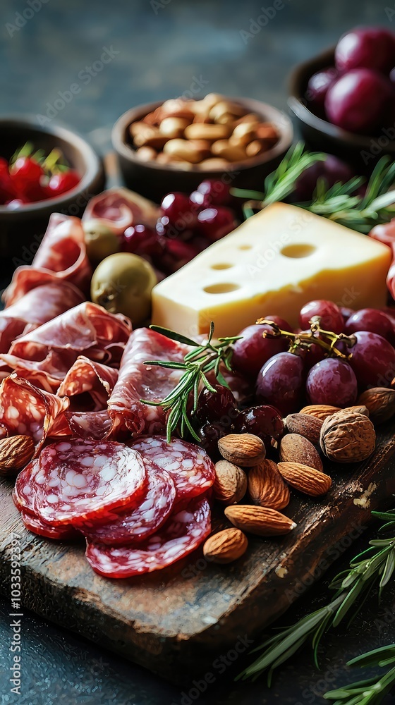 Rustic Charcuterie Board with Serene View and Ingredients Rustic Charcuterie Board with Serene View and Ingredients