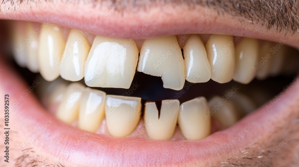 Fototapeta premium Close-up of cracked teeth highlighting dental health concerns for oral care professionals