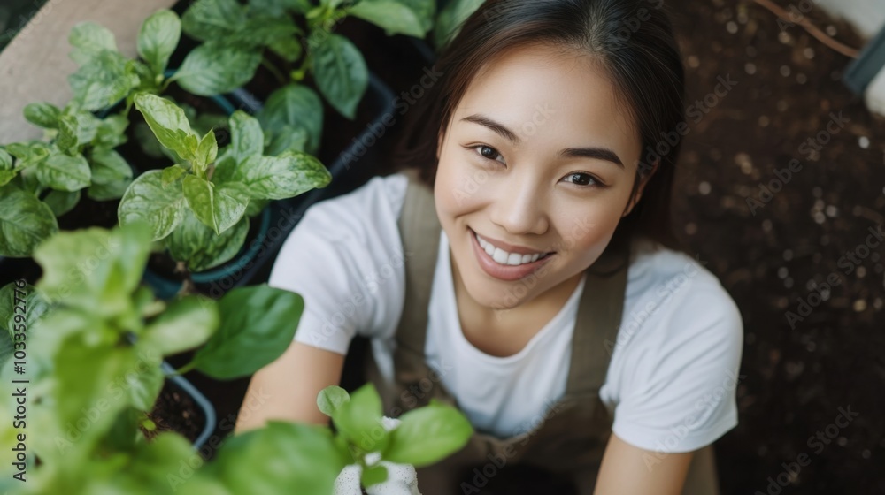 Cheerful young woman gardening indoors for urban living inspiration Cheerful young woman gardening indoors for urban living inspiration