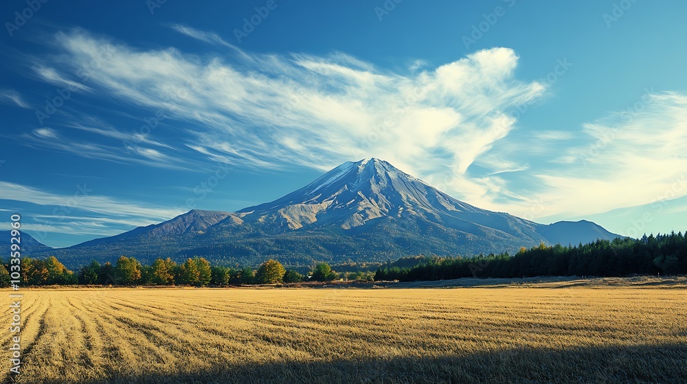 Green fields stretching towards towering mountain range photos Green fields stretching towards towering mountain range photos