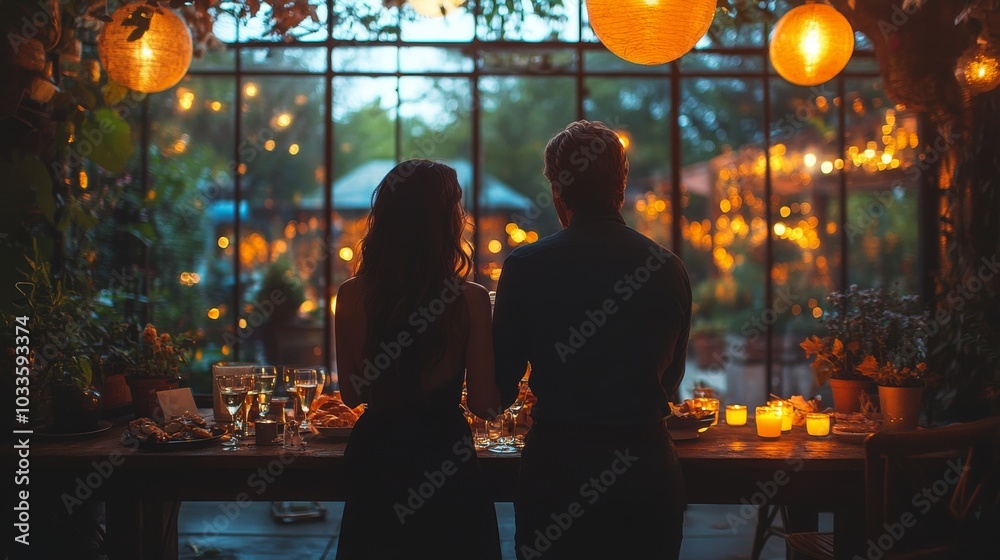 Shot of business people talking at a party, with their backs turned, while food and champagne glasses are on the table, creating an elegant and professional environment Shot of business people talking at a party, with their backs turned, while food and champagne glasses are on the table, creating an elegant and professional environment