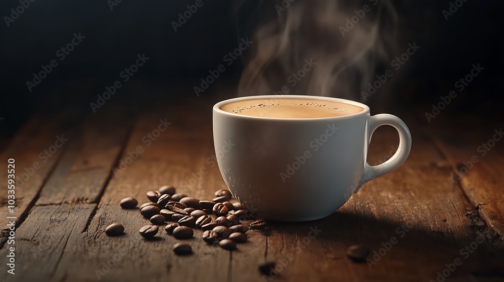 A white cup of steaming coffee with coffee beans scattered on a rustic wooden table. A white cup of steaming coffee with coffee beans scattered on a rustic wooden table.