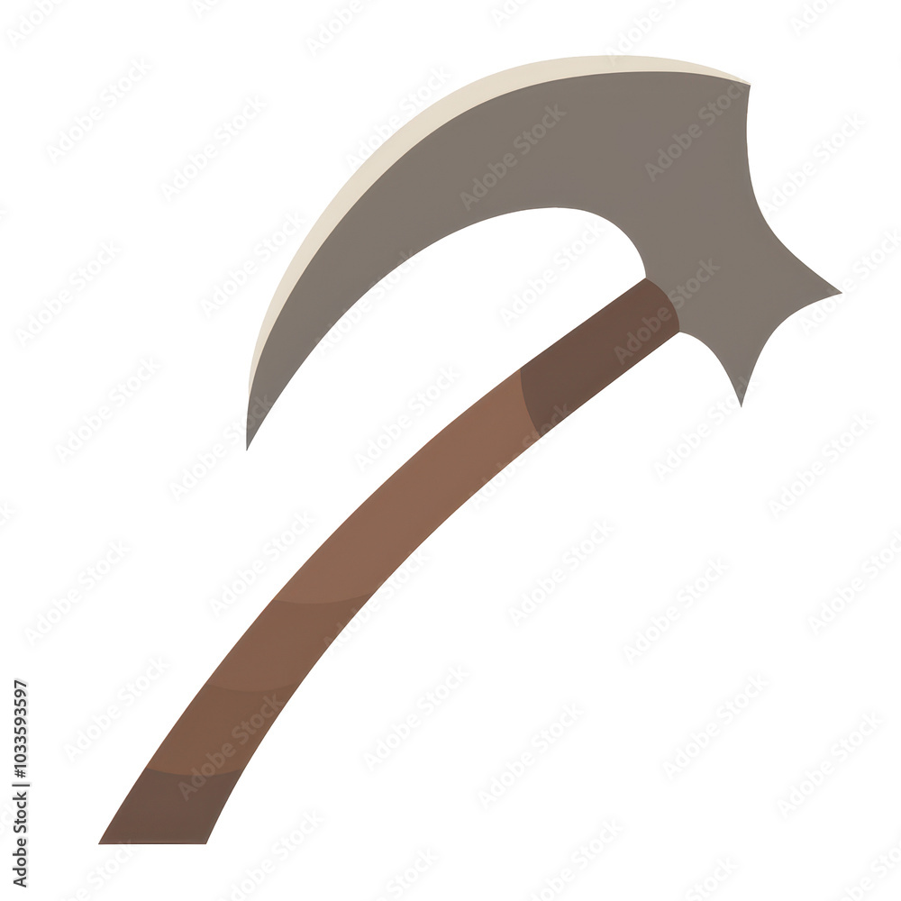 Illustration of a scythe with a wooden handle and a curved metal blade, ideal for farming or symbolic representations. Illustration of a scythe with a wooden handle and a curved metal blade, ideal for farming or symbolic representations.