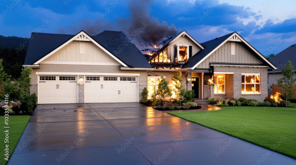 Half of the roof and wall of a suburban home show significant fire damage, surrounded by a grassy yard under a dark, starry night sky.