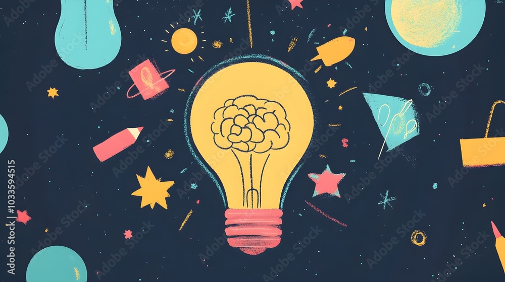 Bright Idea Concept with Brain in Light Bulb Stars Sun and Planets on Dark Blue Background Bright Idea Concept with Brain in Light Bulb Stars Sun and Planets on Dark Blue Background