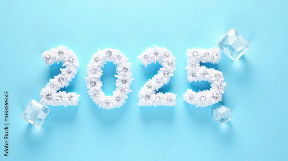 Christmas greeting card with ice numbers '2025' surrounded by New Year's decorations against a blue background. Christmas greeting card with ice numbers '2025' surrounded by New Year's decorations against a blue background.