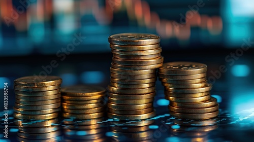 Stacked Coins with Stock Market Background. Close-up of stacked coins on a digital financial background, illustrating investment and market trends. Ideal for concepts of finance and economic growth.