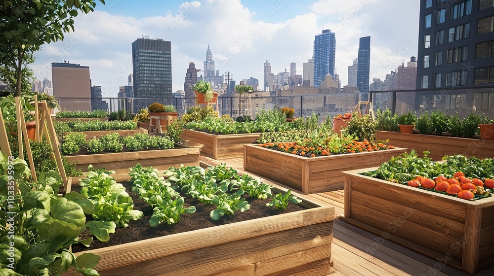 An Urban Rooftop Garden with City Skyline in the Background An Urban Rooftop Garden with City Skyline in the Background