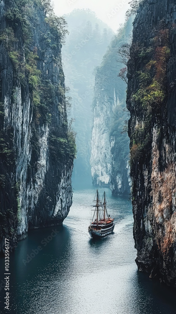 Fototapeta premium Ship Navigating Through Serene Narrow Waterway