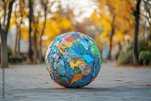 Earth-shaped sculpture created from discarded plastic waste, symbolizing the global pollution crisis, waste globe, message of ecological responsibility