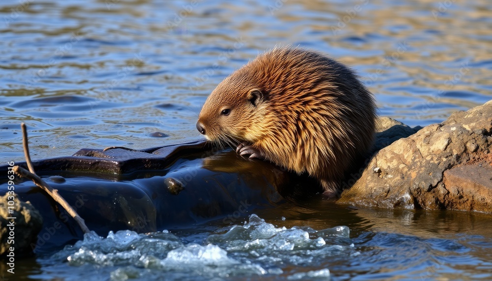 Beaver Near Water on Rocky Shoreline Beaver Near Water on Rocky Shoreline