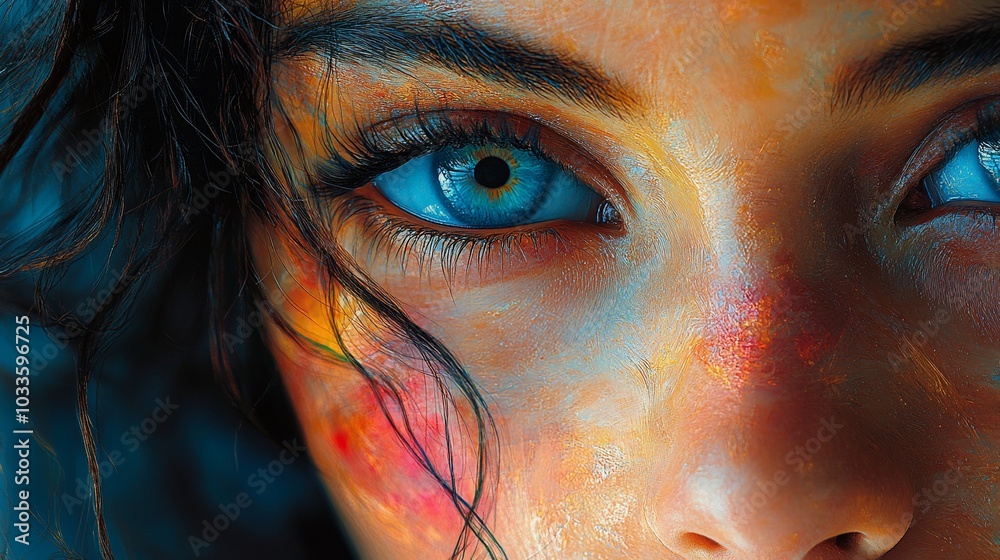 Close up of a woman's face with colorful makeup, focusing on her piercing blue eyes. Close up of a woman's face with colorful makeup, focusing on her piercing blue eyes.