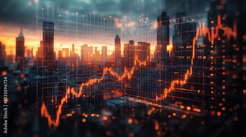 Naklejka premium Financial Growth with Marketing Insights. City skyline during sunset reflects financial growth trends. Overlaid graph symbolizes investment opportunities & marketing insights crucial for businesses.