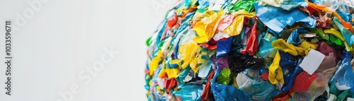 Globe constructed from layers of colorful plastic waste, showcasing the global impact of pollution on the environment, plastic waste globe, message of sustainability