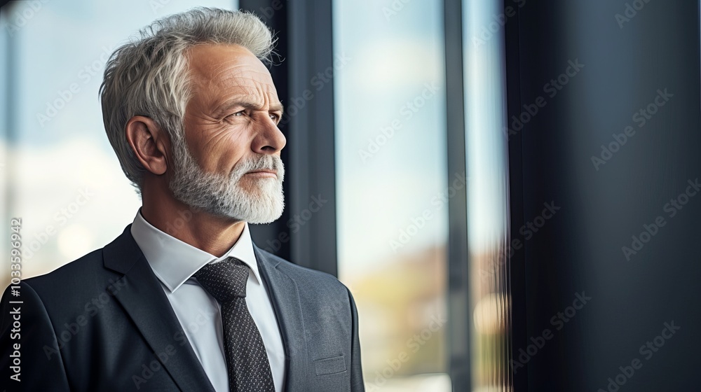 A mature businessman looks thoughtfully out a window in a modern office building. A mature businessman looks thoughtfully out a window in a modern office building.