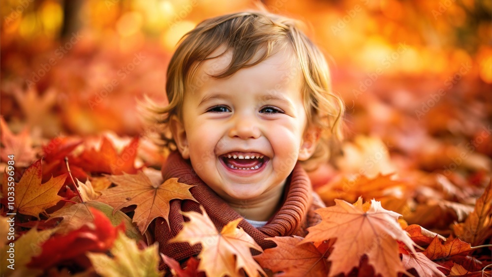 Laughing toddler playing in autumn leaves with vibrant colors.. Laughing toddler playing in autumn leaves with vibrant colors..