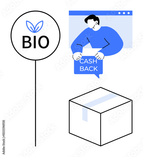 A label with Bio text and leaves, a person holding a Cashback sign, and a parcel box. Ideal for eco-friendly packaging, cashback rewards, sustainability, consumer incentives, online shopping
