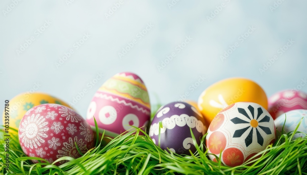 Colorful Easter Eggs on Green Grass Colorful Easter Eggs on Green Grass