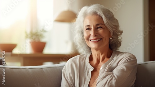 A senior woman with gray hair smiles warmly while sitting on a couch.