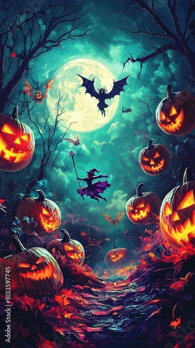 Spooky Halloween Night with Pumpkins and Bat Illustrations