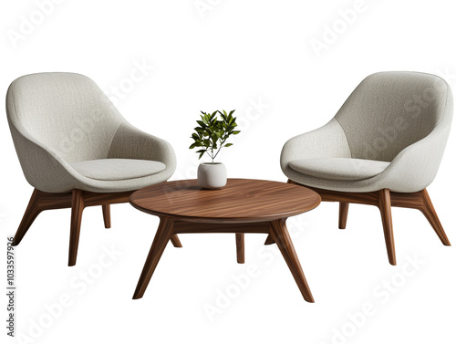 Modern furniture set with two white cushioned chairs and a wooden coffee table, accented by a small potted plant, creating a cozy ambiance. Isolated PNG transparent background.