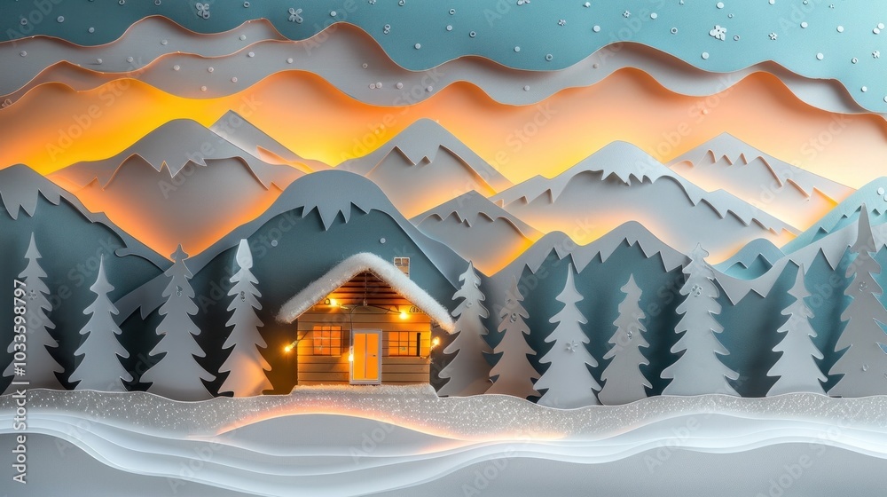 Fototapeta premium Cozy mountain cabin nestled in a snowy wilderness landscape at sunset with warm glowing lights shining through the windows and a majestic mountain backdrop