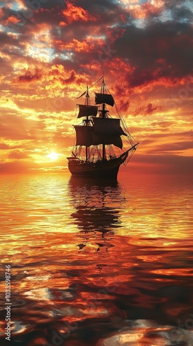 Silhouetted Ship at Vibrant Sunset Over Water