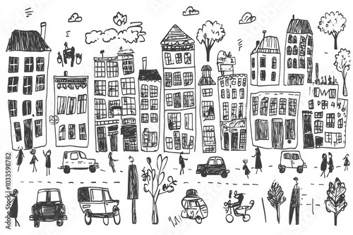 Engaging street scenes filled with hand-drawn buildings, cars, and pedestrians, showcasing the energy of urban life in a whimsical style. Generative AI photo