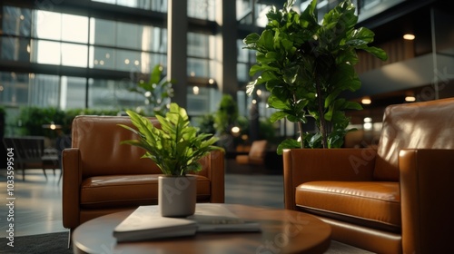 Modern office lounge with indoor plants for health and wellness ambiance in spring