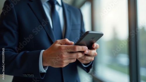 Hands of businessperson texting on smartphone in modern workspace. Close-up of businessman holding smartphone in office. Professional in suit using mobile phone for work