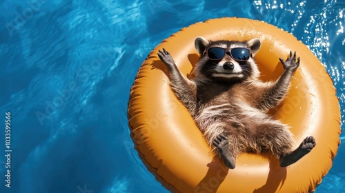 Raccoon relaxing in sunglasses on pool float – fun summer vibes for creative design photo