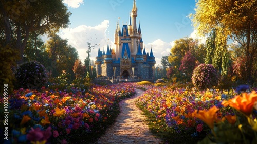 A grand fairytale castle surrounded by a maze of blooming flowers, where each path leads to a different dream photo