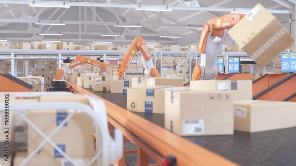 Robotic arms selecting orders in a logistics warehouse. Industrial automation. Realistic 3D animation.