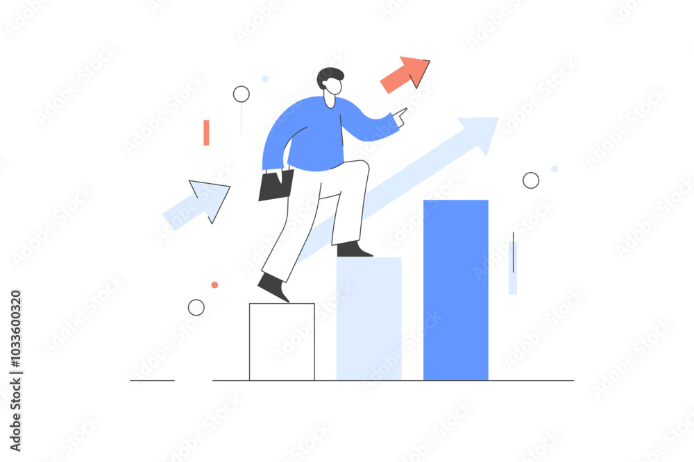 Obraz premium Business strategy. Vector illustration. Character demonstrating financial growth. Strategy, planning and success concept. Minimalist line, abstract