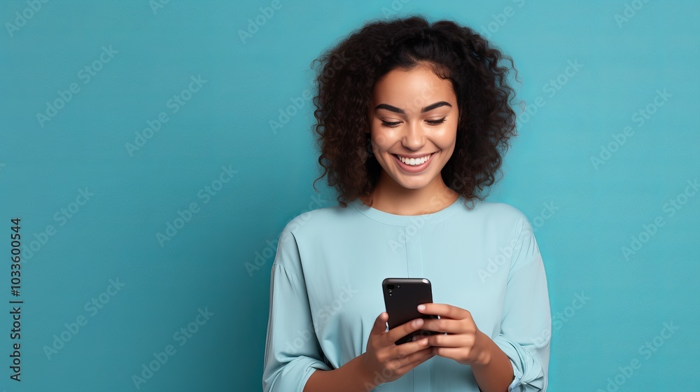 A young woman with curly hair smiles as she looks at her phone. A young woman with curly hair smiles as she looks at her phone.