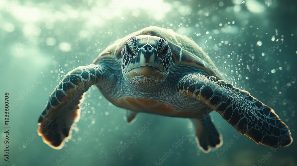 Fototapeta premium Elegant sea turtle gliding effortlessly through crystal-clear waters, minimalist design emphasizing tranquility and marine beauty.