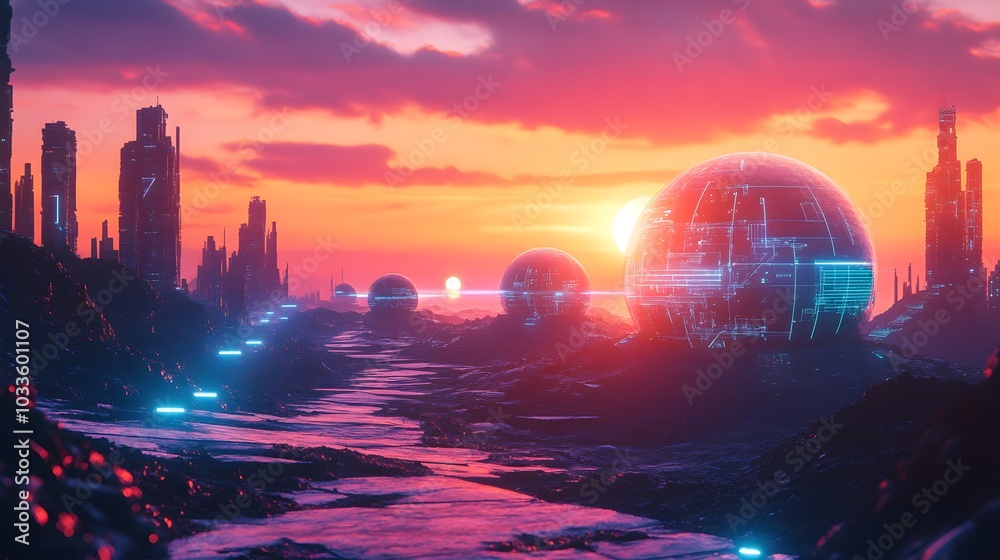 A Martian colony with geometric domes spreading out from a high-tech core, glowing with blue holographic energy, set against a sunset on Mars A Martian colony with geometric domes spreading out from a high-tech core, glowing with blue holographic energy, set against a sunset on Mars