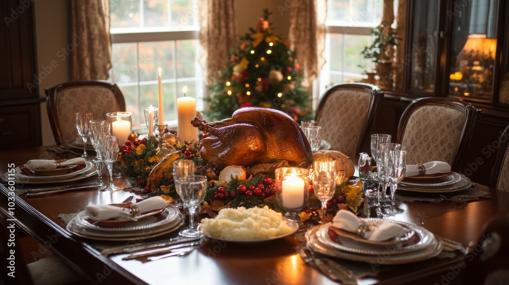 Fototapeta premium A beautifully set dining table showcases a roasted turkey, candles, elegant glassware, and festive decor, creating a warm holiday atmosphere with a tree in the background.