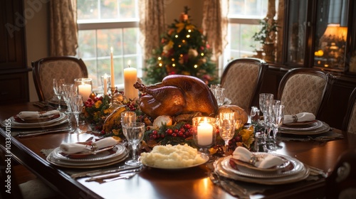 A beautifully set dining table showcases a roasted turkey, candles, elegant glassware, and festive decor, creating a warm holiday atmosphere with a tree in the background.