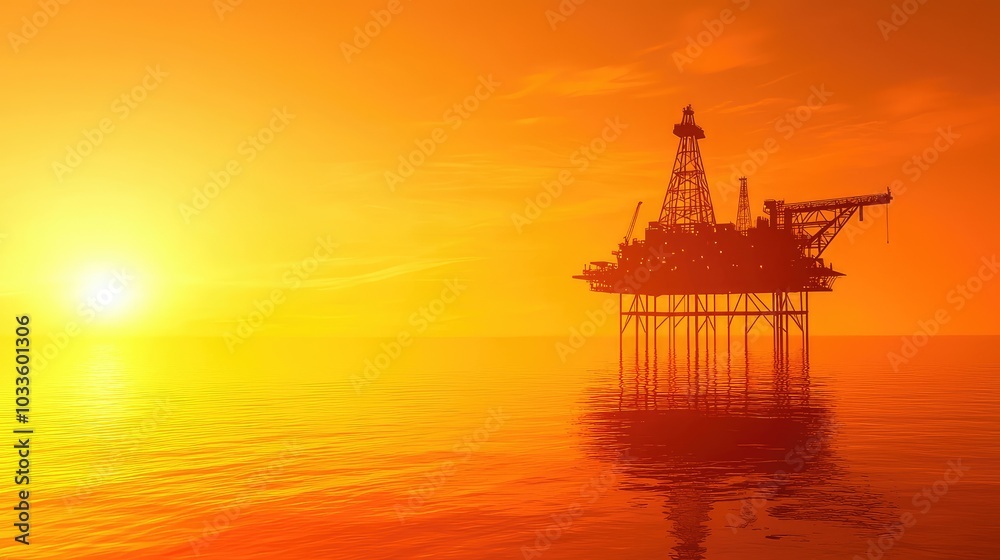 Oil Platform at Sunset Over Calm Ocean Waters Oil Platform at Sunset Over Calm Ocean Waters