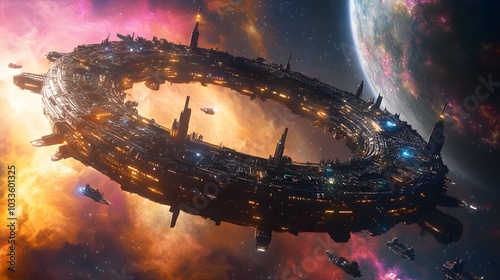 Fototapeta Naklejka Na Ścianę i Meble -  A massive circular space station floating in orbit around a distant gas giant, futuristic ships docking at multiple points, glowing planet in the background