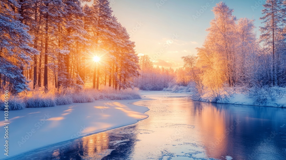 Panoramic winter landscape of a snowy forest by a frozen river at sunset with frost-covered trees and sunlight reflections in the ice-covered water, capturing the tranquil beauty of a serene winter wo