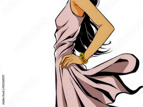 Obraz na płótnie A woman in a pink dress is standing with her arms crossed. She is wearing a gold bracelet and a gold necklace w salonie